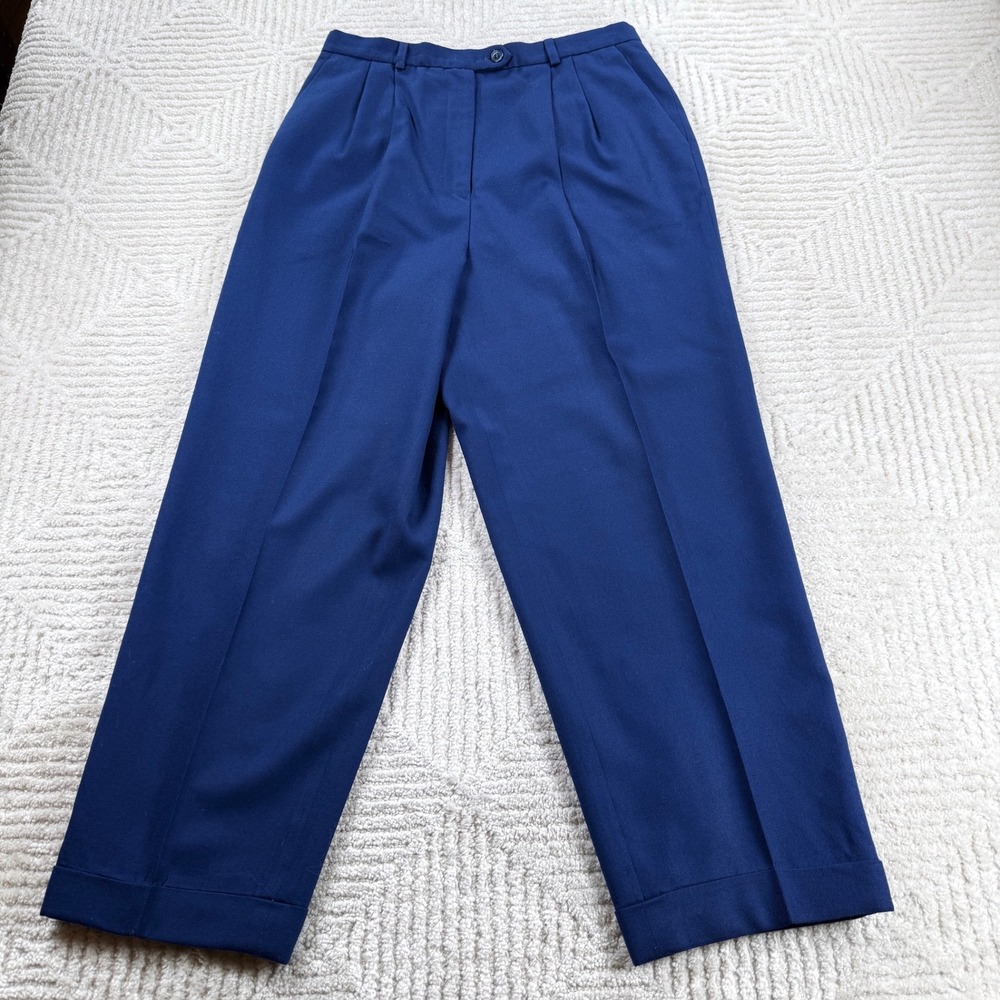 Talbots Pleated Trousers Womens 12P Blue 100% Wool Vintage 90s Minimalist Work